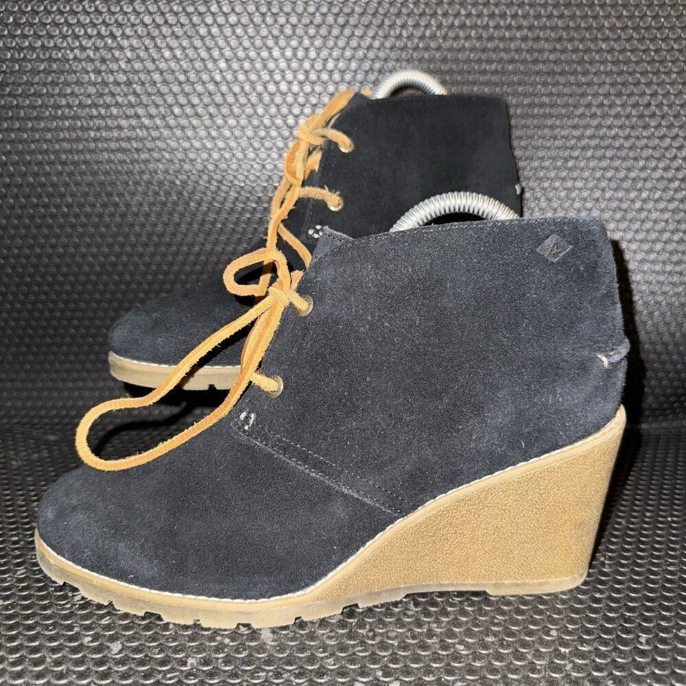 Sperry Top Sider Black Suede Laces Wedge Ankle Fashion Boots Women’s Size 8.5M